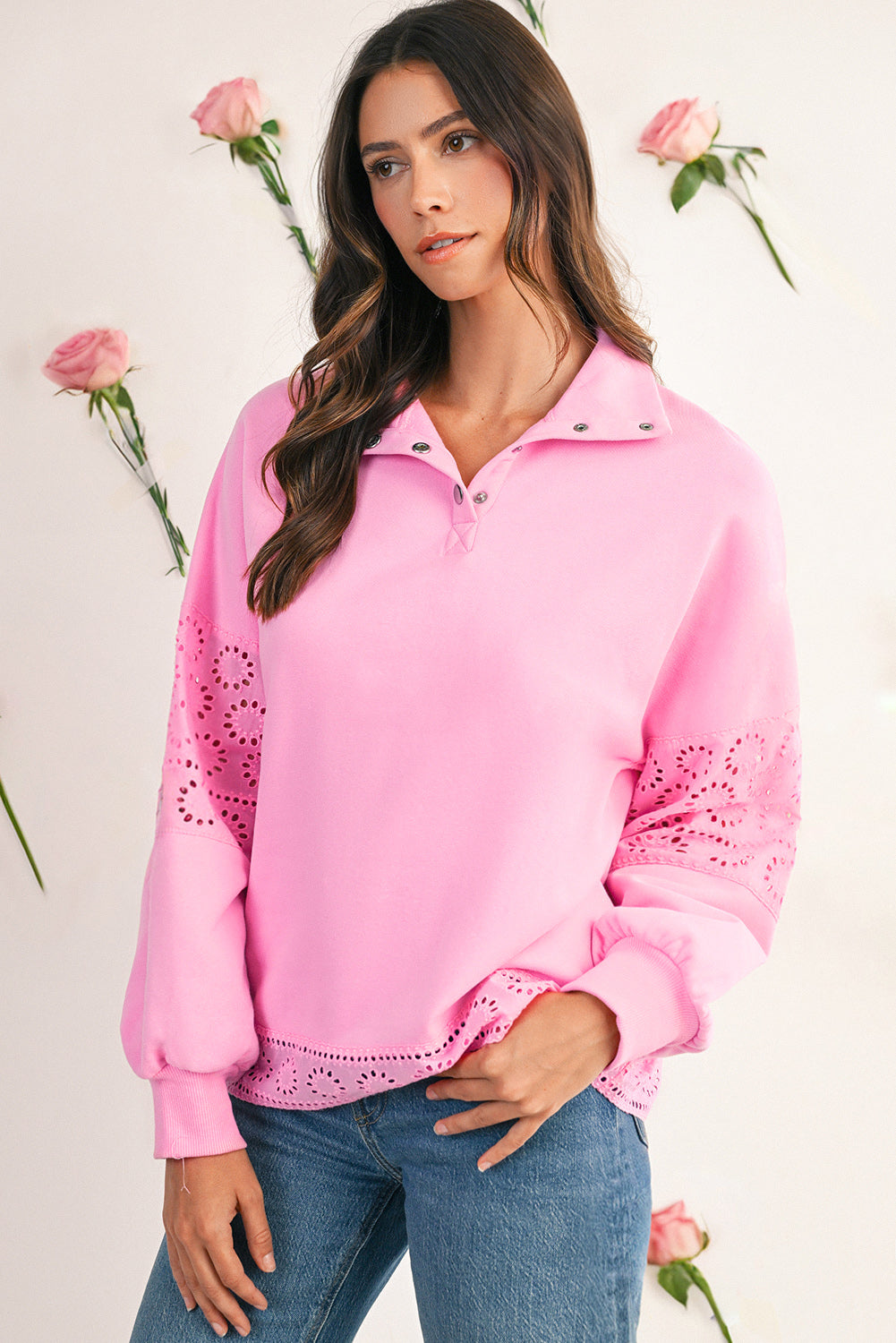 Bonbon besticktes Blumen-Patchwork Pullover-Sweatshirt mit Druckknöpfen