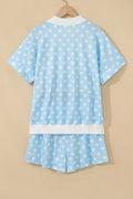 Sky Blue Polka Dot USA Chenille Lettering High Neck Short Sleeve Casual Shorts Set
