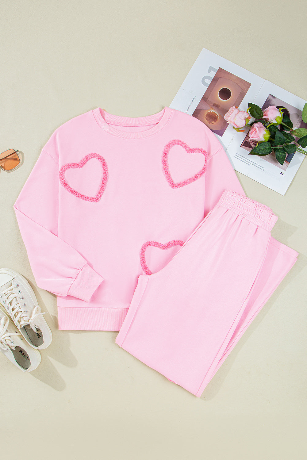 Chenille Heart Casual Pants Set – Cozy 2-Piece Loungewear