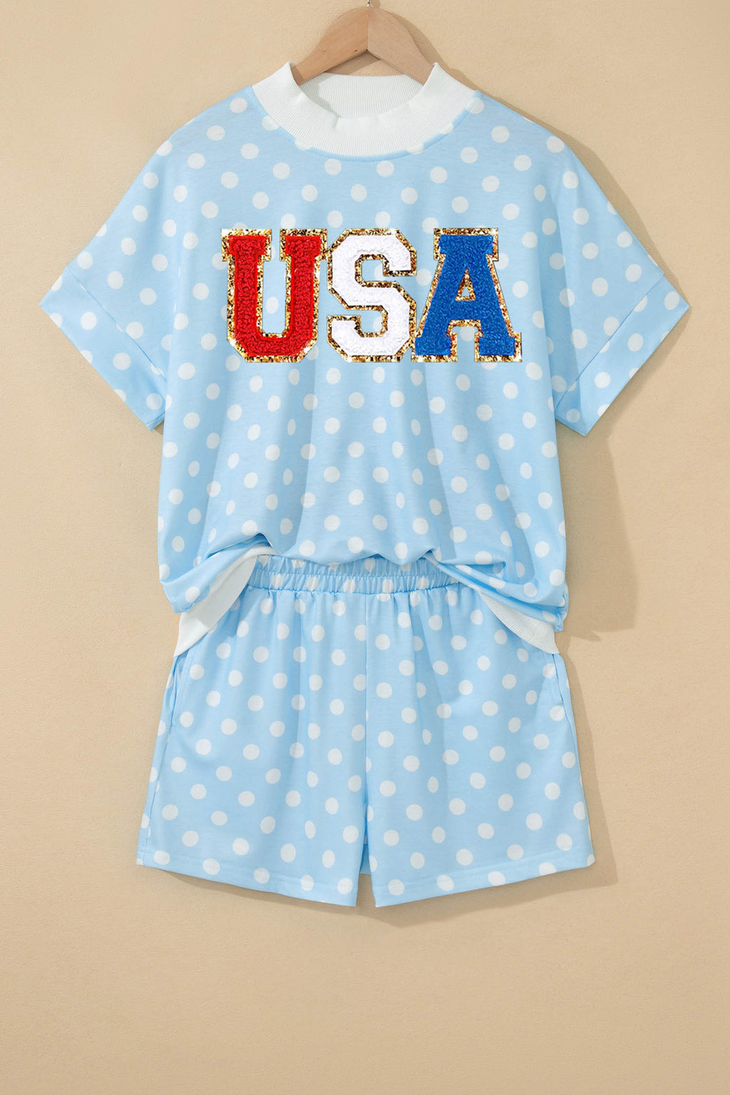 Sky Blue Polka Dot USA Chenille Lettering High Neck Short Sleeve Casual Shorts Set