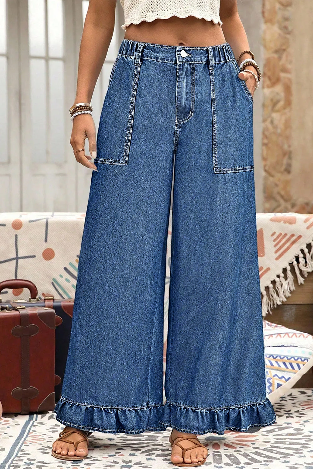 Black Plus Size Elastic Waist Ruffled Wide Leg Denim Pants