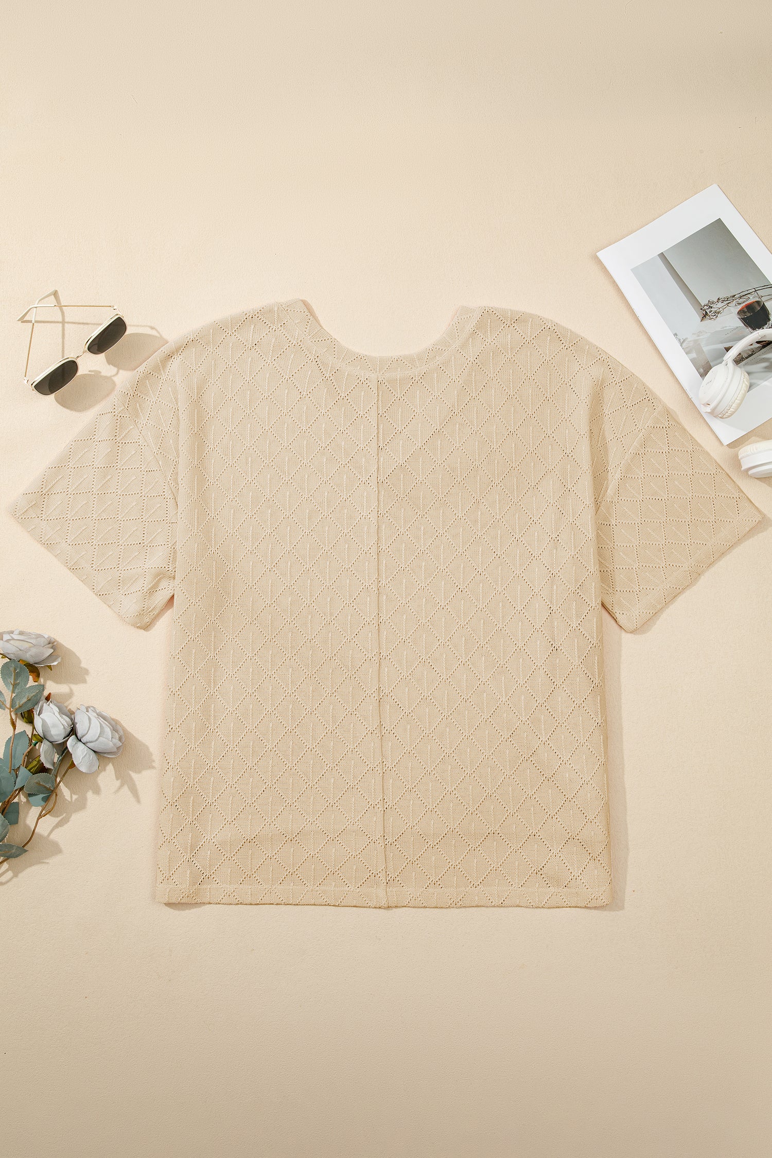 Light Pink Pointelle Rhombus Knit Plus Size V Neck Loose Top