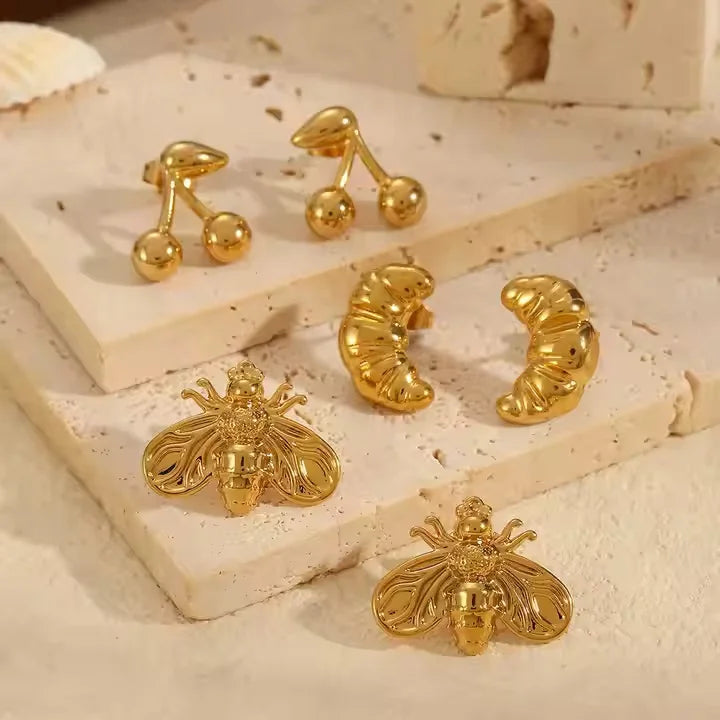 18K Gold Plated Bee Cherry Croissant Stud Earrings Stainless Steel Hypoallergenic
