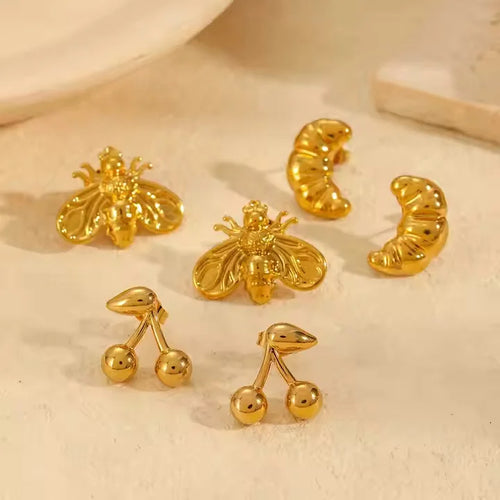 18K Gold Plated Bee Cherry Croissant Stud Earrings Stainless Steel Hypoallergenic