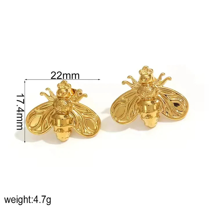 18K Gold Plated Bee Cherry Croissant Stud Earrings Stainless Steel Hypoallergenic