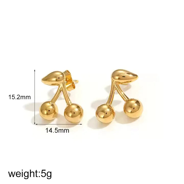 18K Gold Plated Bee Cherry Croissant Stud Earrings Stainless Steel Hypoallergenic