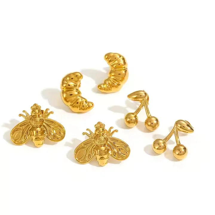 18K Gold Plated Bee Cherry Croissant Stud Earrings Stainless Steel Hypoallergenic