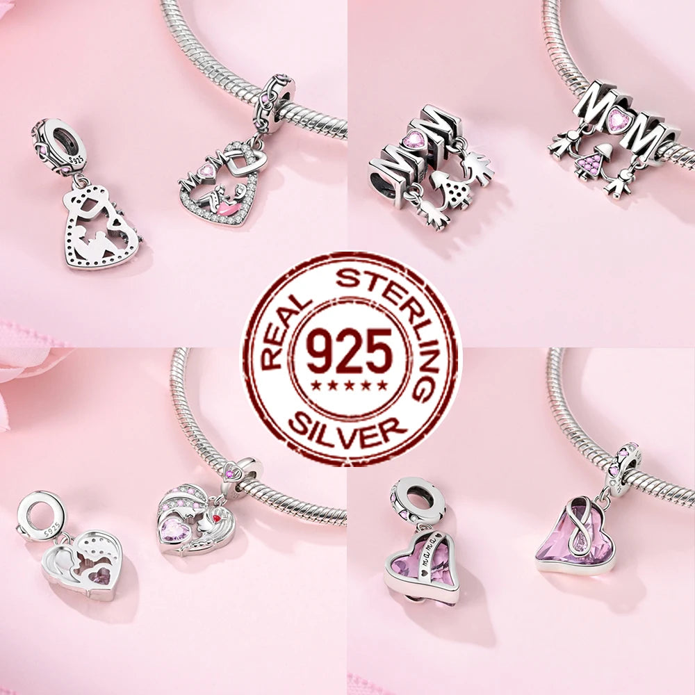 925 Silver Mothers Day Charms Heart Beads Fit Original Bracelet DIY Jewelry Gift