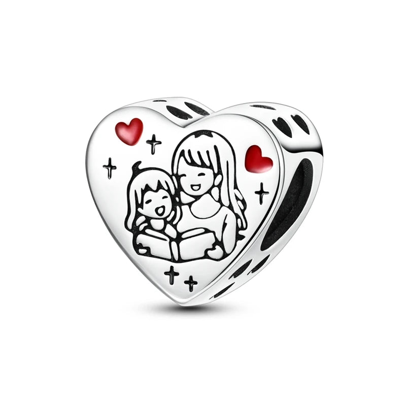 925 Silver Mothers Day Charms Heart Beads Fit Original Bracelet DIY Jewelry Gift
