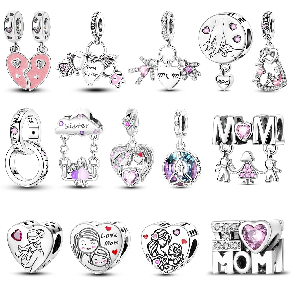 925 Silver Mothers Day Charms Heart Beads Fit Original Bracelet DIY Jewelry Gift