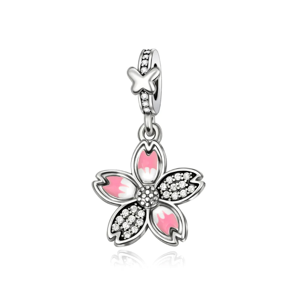 925 Silver Pink Flower Charm Infinity Heart Butterfly Tortoise Jewelry