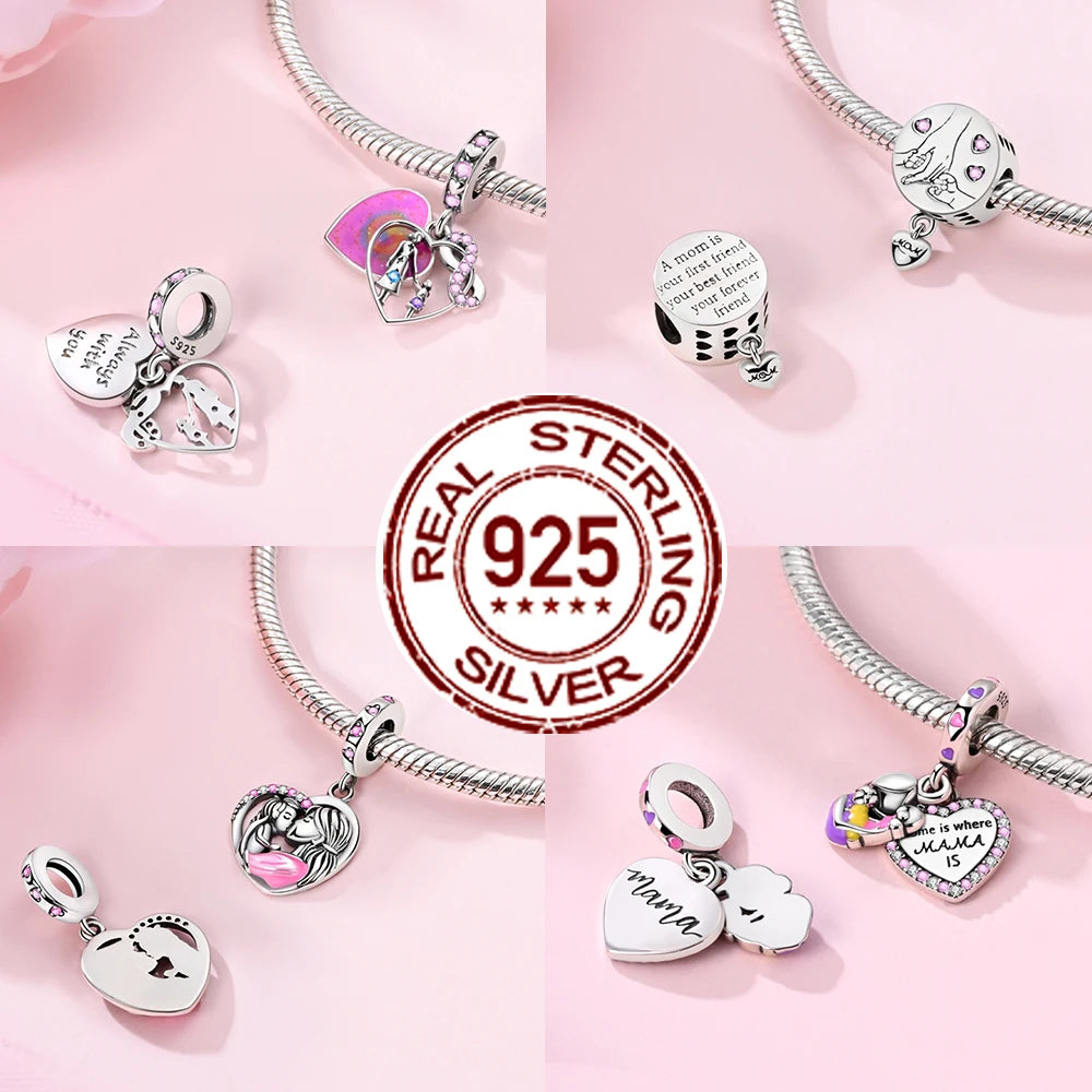 925 Silver Mothers Day Charms Heart Beads Fit Original Bracelet DIY Jewelry Gift