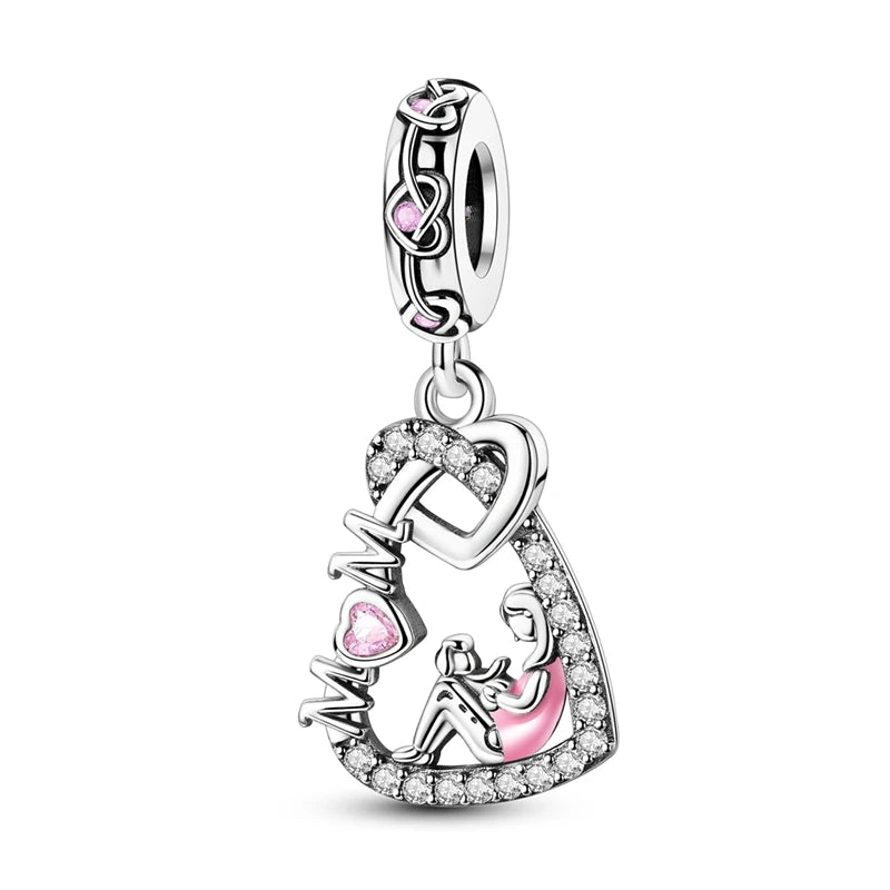 925 Silver Mothers Day Charms Heart Beads Fit Original Bracelet DIY Jewelry Gift