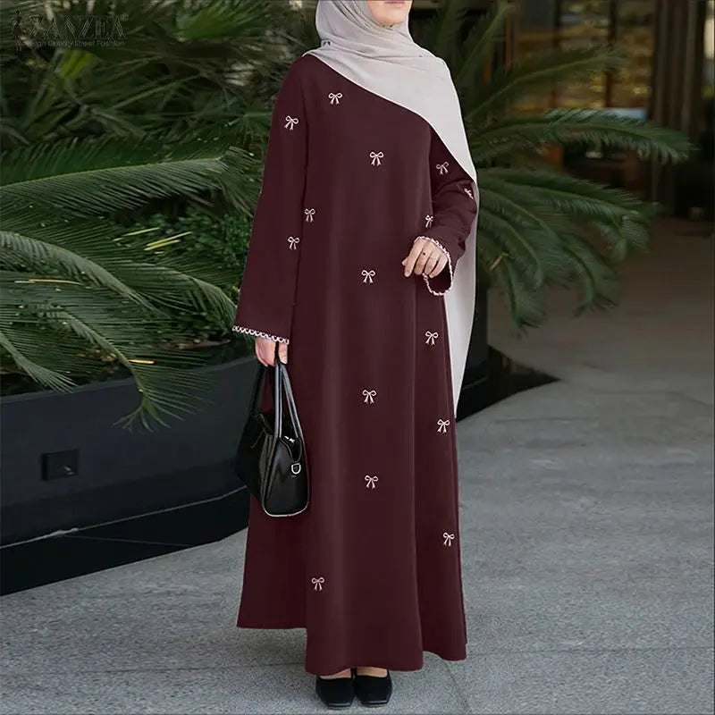 Bow Print Modest Maxi Dress — Long Sleeve Abaya with Lace Trim