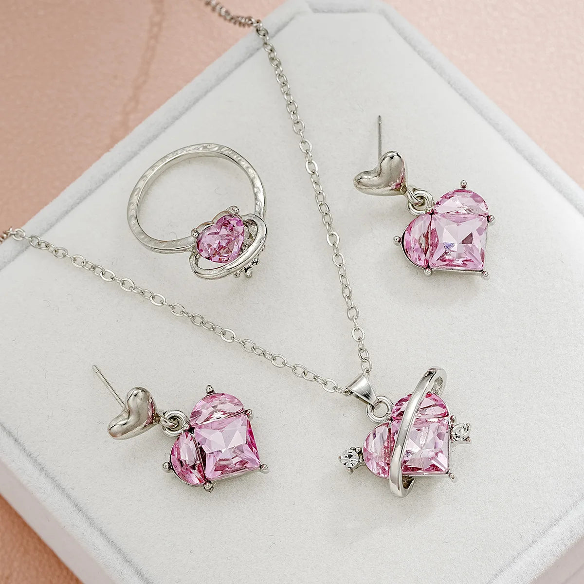 4 Piece Love Pink Crystals Jewelry Set Earrings Necklace Ring For Women