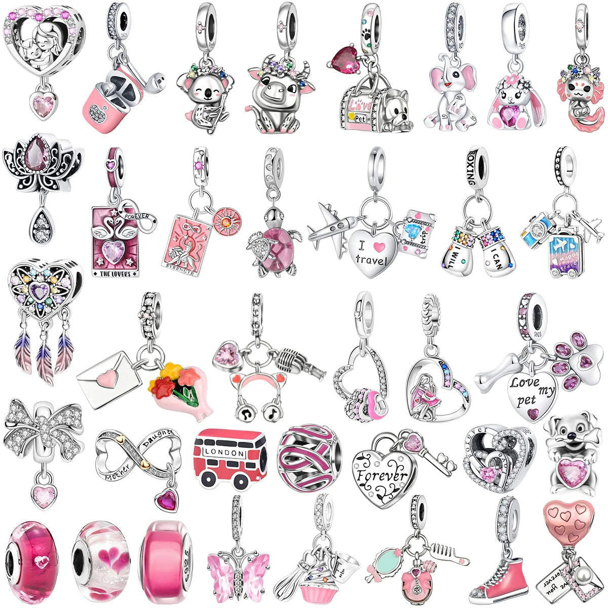 925 Silver Pink Flower Charm Infinity Heart Butterfly Tortoise Jewelry