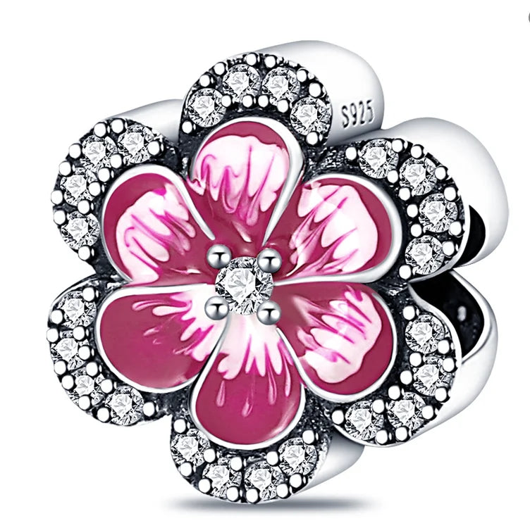 925 Silver Pink Flower Charm Infinity Heart Butterfly Tortoise Jewelry