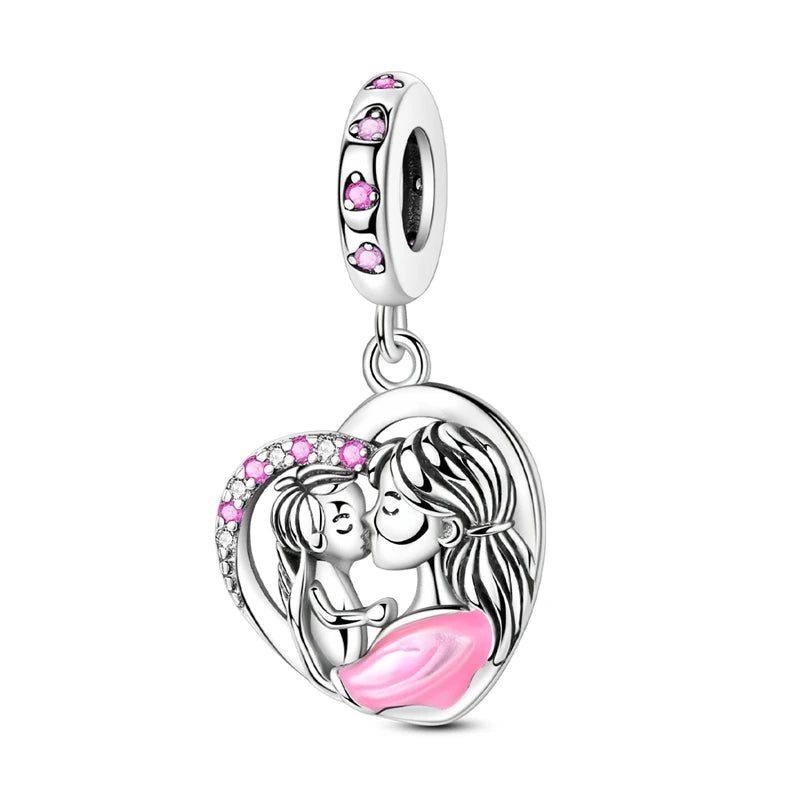 925 Silver Mothers Day Charms Heart Beads Fit Original Bracelet DIY Jewelry Gift