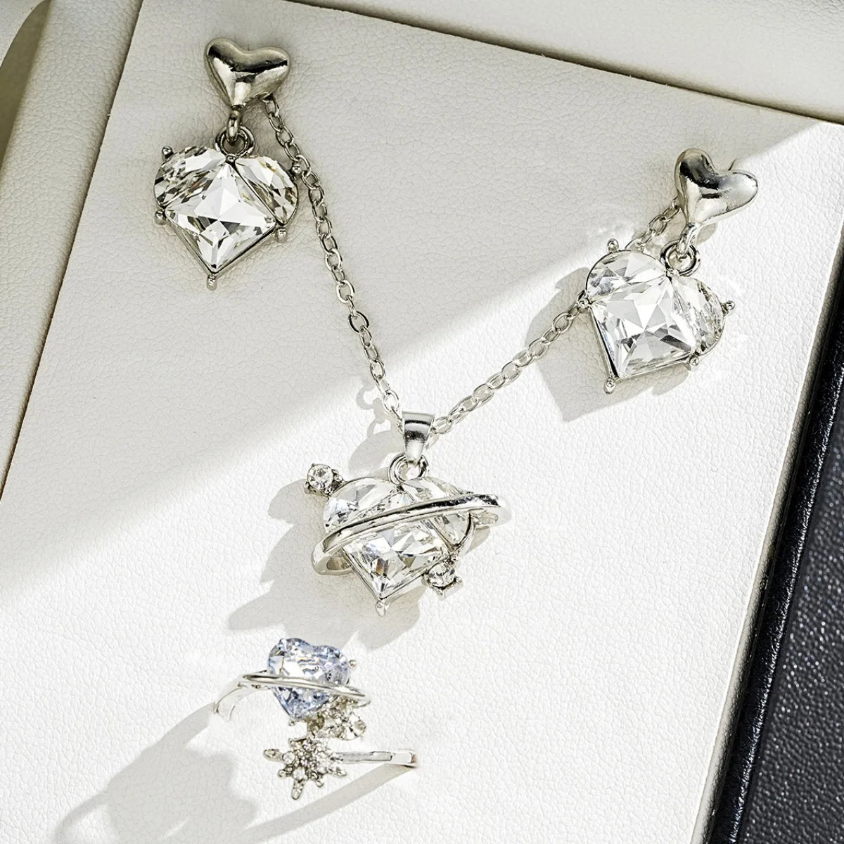 4 Piece Love Pink Crystals Jewelry Set Earrings Necklace Ring For Women