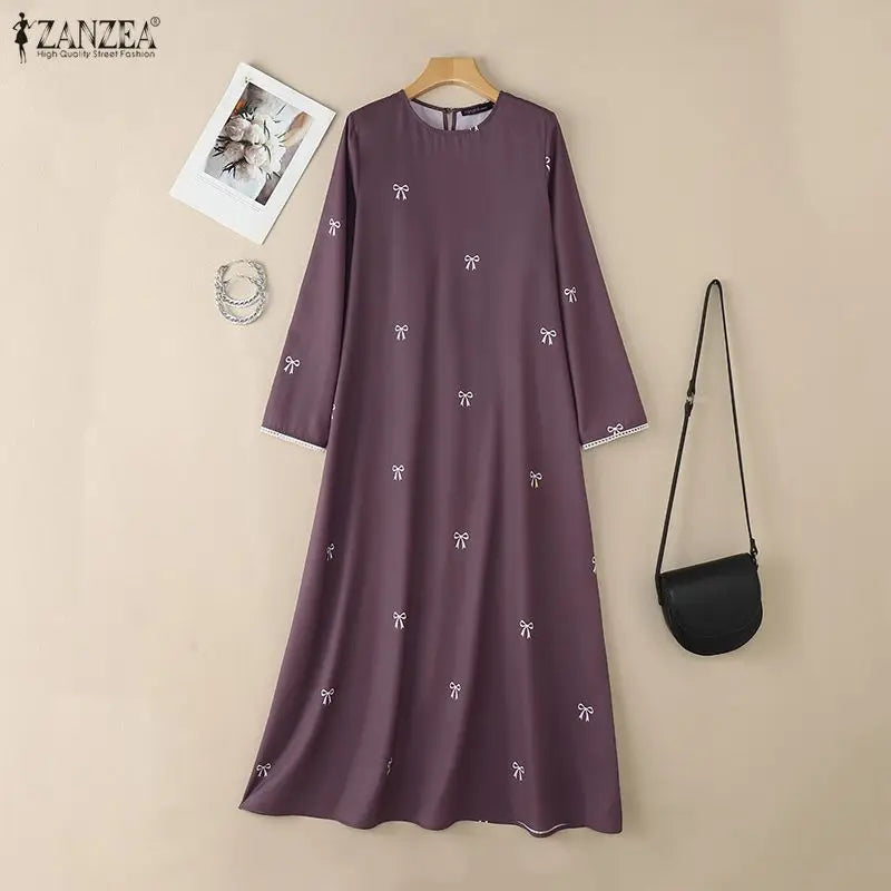 Bow Print Modest Maxi Dress — Long Sleeve Abaya with Lace Trim