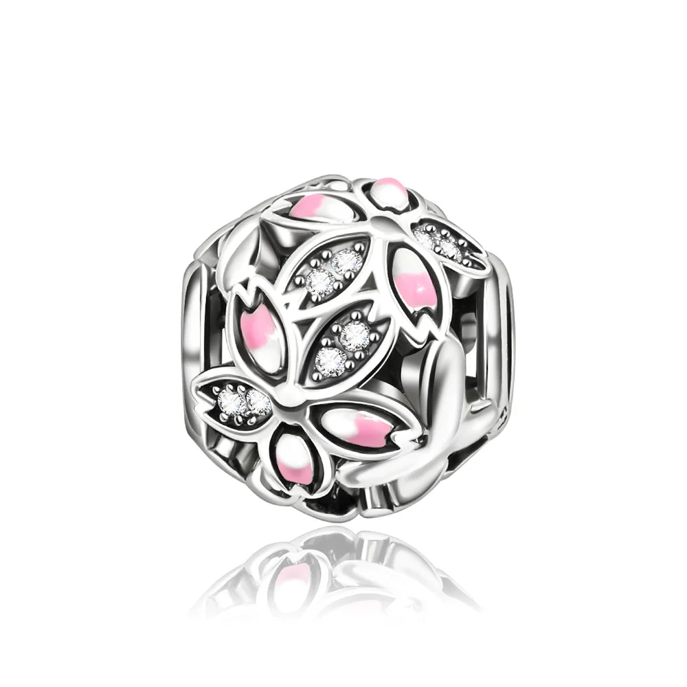 925 Silver Pink Flower Charm Infinity Heart Butterfly Tortoise Jewelry