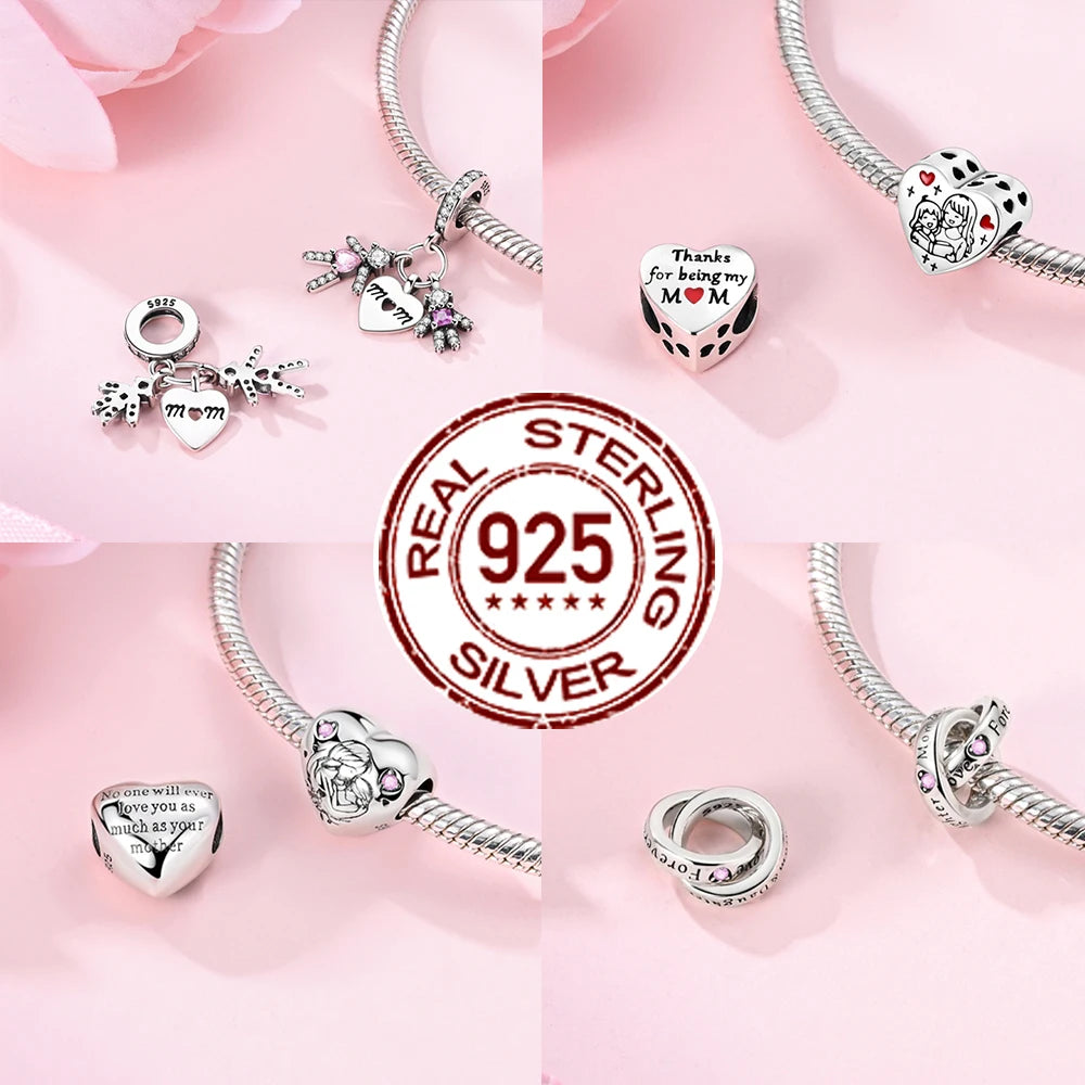 925 Silver Mothers Day Charms Heart Beads Fit Original Bracelet DIY Jewelry Gift