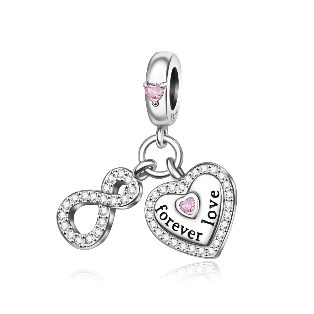 925 Silver Pink Flower Charm Infinity Heart Butterfly Tortoise Jewelry