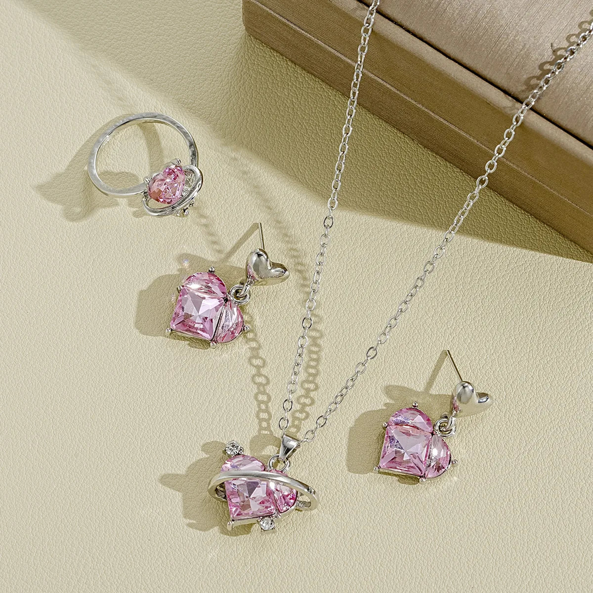 4 Piece Love Pink Crystals Jewelry Set Earrings Necklace Ring For Women