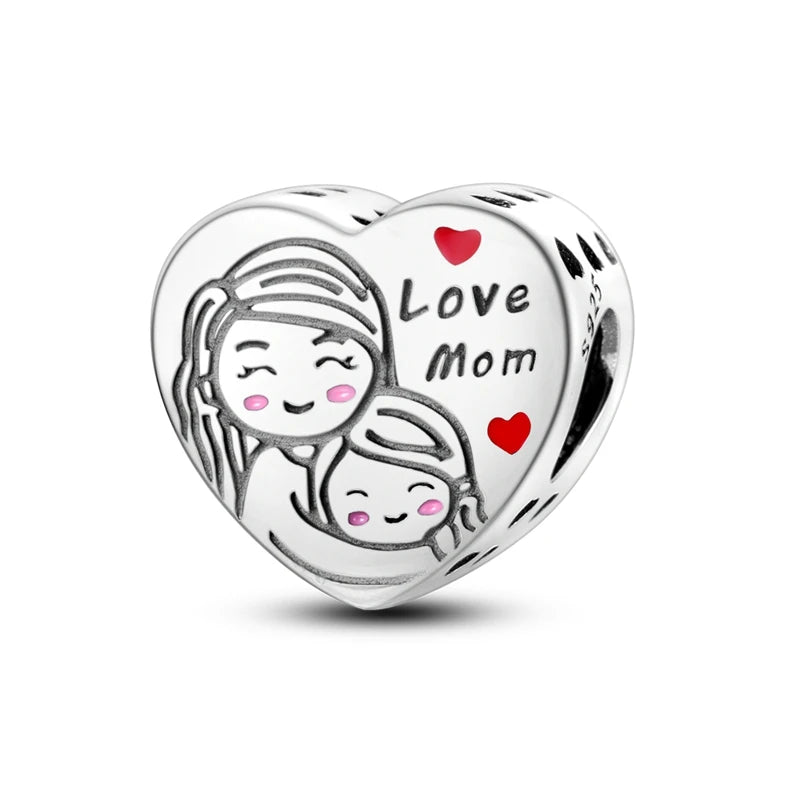 925 Silver Mothers Day Charms Heart Beads Fit Original Bracelet DIY Jewelry Gift