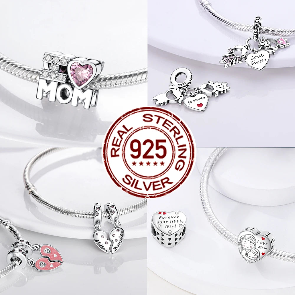 925 Silver Mothers Day Charms Heart Beads Fit Original Bracelet DIY Jewelry Gift
