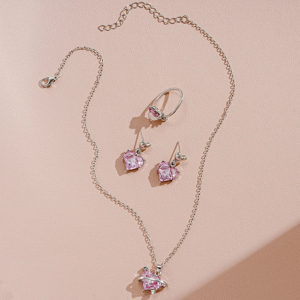 4 Piece Love Pink Crystals Jewelry Set Earrings Necklace Ring For Women
