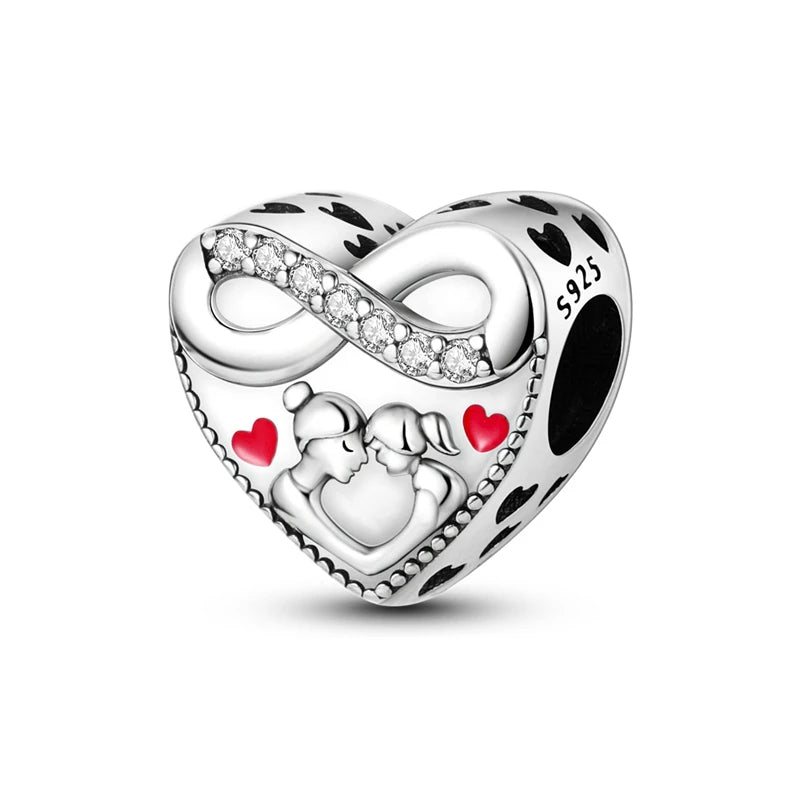 925 Silver Mothers Day Charms Heart Beads Fit Original Bracelet DIY Jewelry Gift