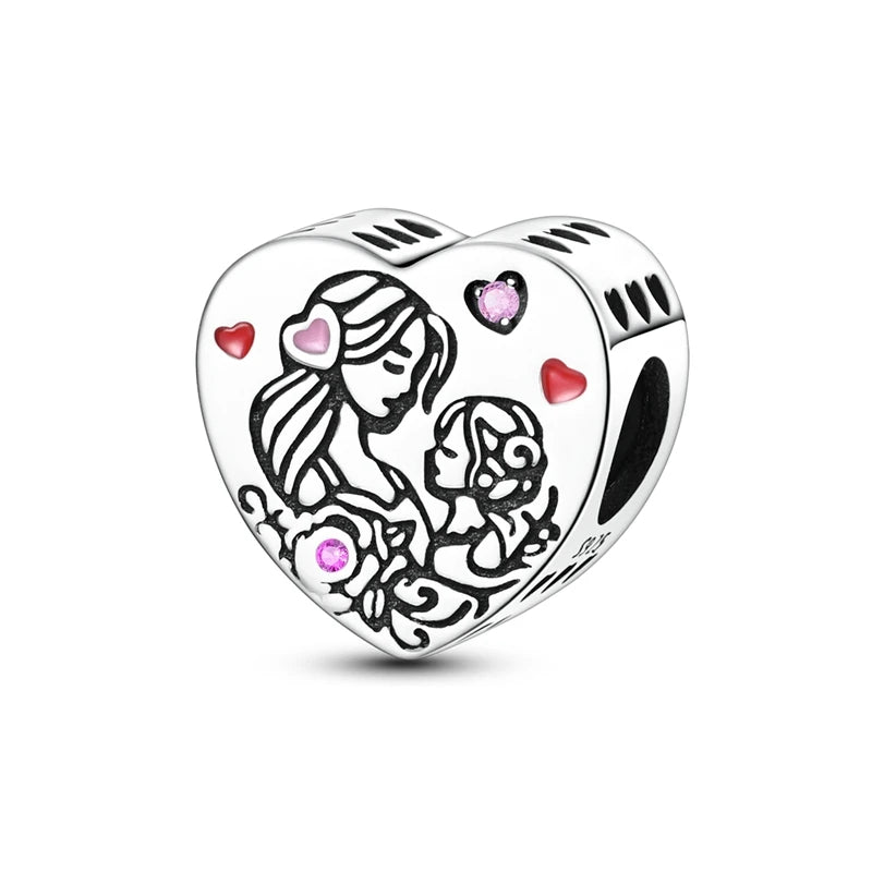 925 Silver Mothers Day Charms Heart Beads Fit Original Bracelet DIY Jewelry Gift