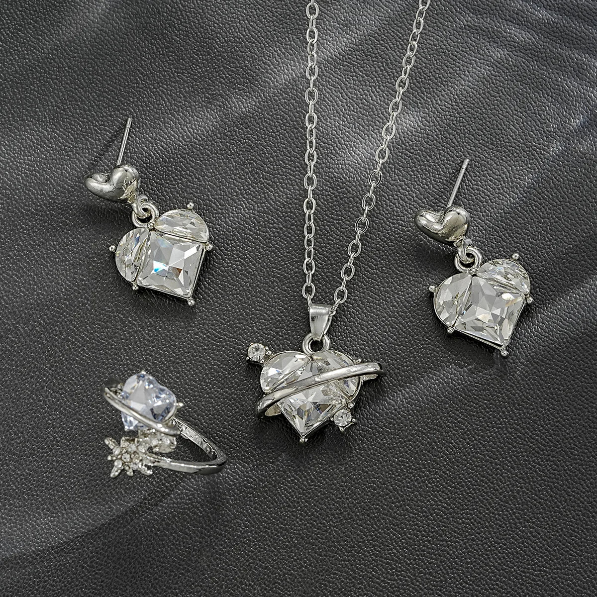 4 Piece Love Pink Crystals Jewelry Set Earrings Necklace Ring For Women