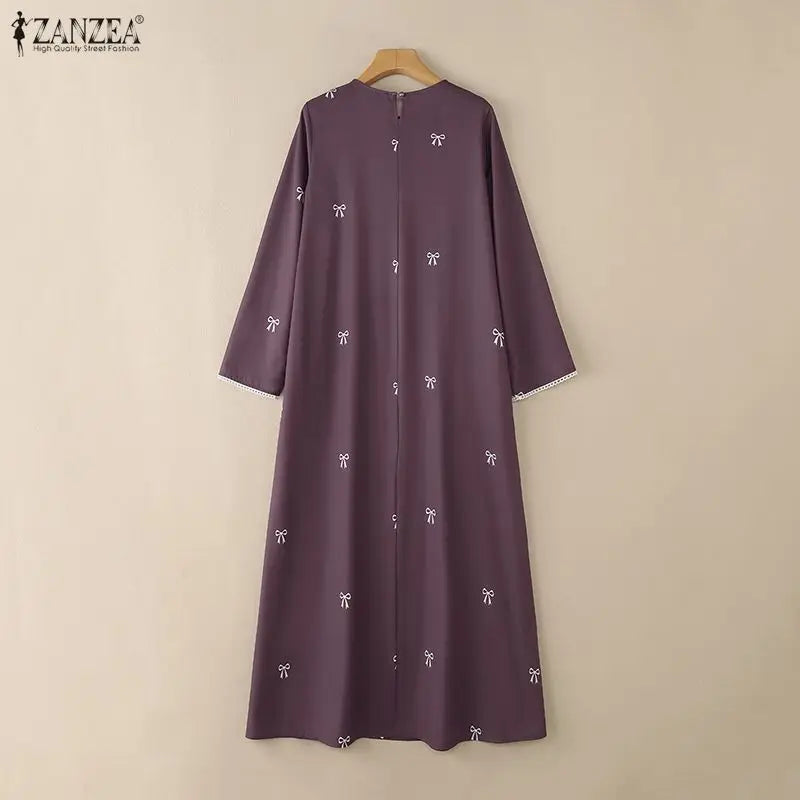 Bow Print Modest Maxi Dress — Long Sleeve Abaya with Lace Trim
