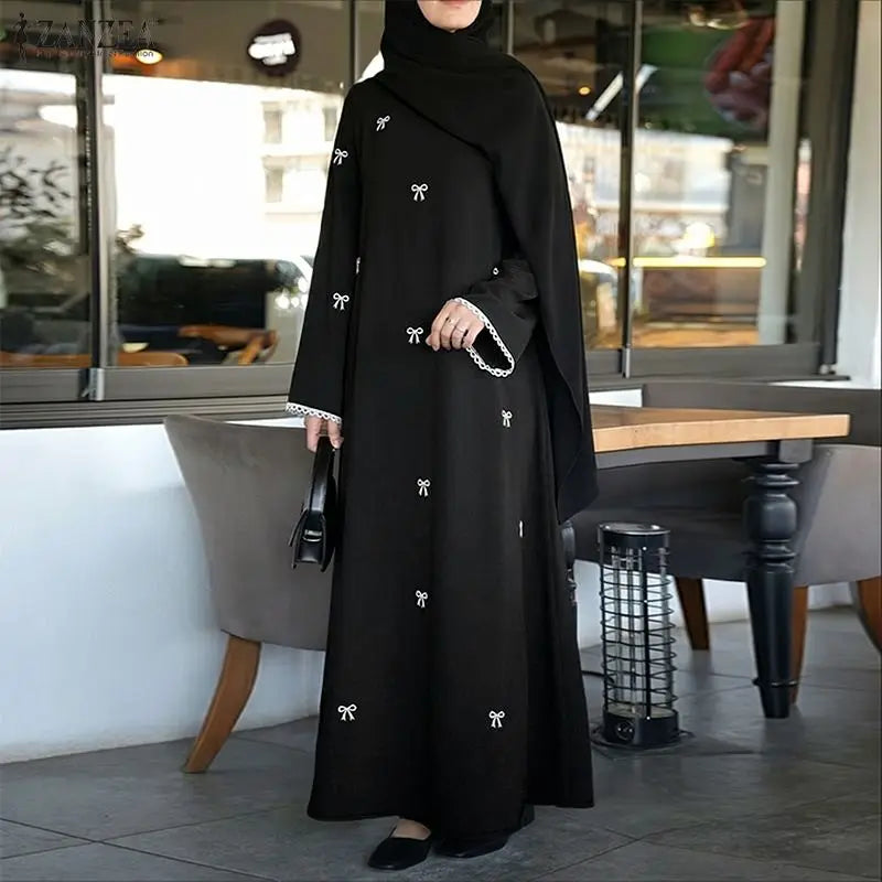 Bow Print Modest Maxi Dress — Long Sleeve Abaya with Lace Trim