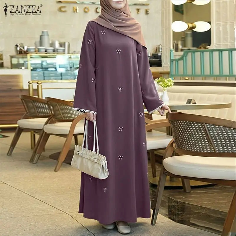 Bow Print Modest Maxi Dress — Long Sleeve Abaya with Lace Trim