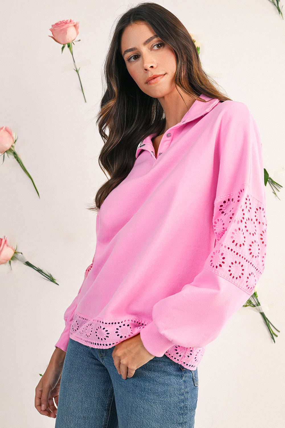 Bonbon besticktes Blumen-Patchwork Pullover-Sweatshirt mit Druckknöpfen