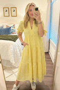 Yellow Gingham Textured Bow Tie Short Sleeve Tiered Midi Dress
