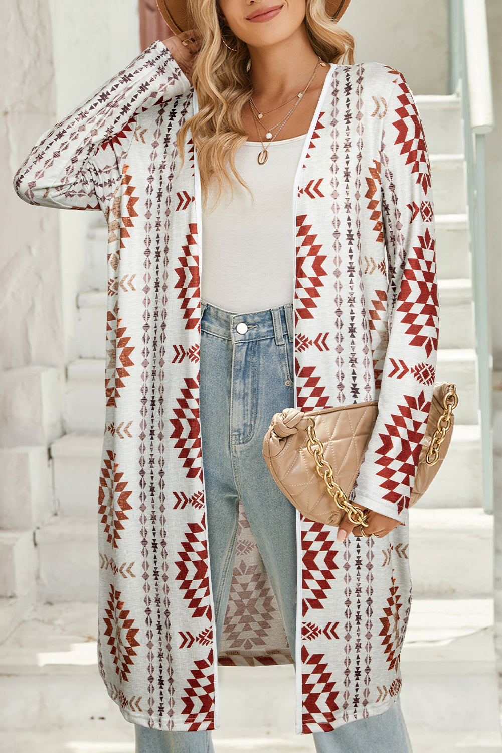 Sky Blue Western Aztec Printed Open Front Long Cardigan