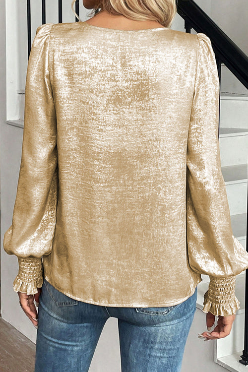 Aprikosenfarbene Metallic-Bluse in großen Größen mit langen Volantärmeln