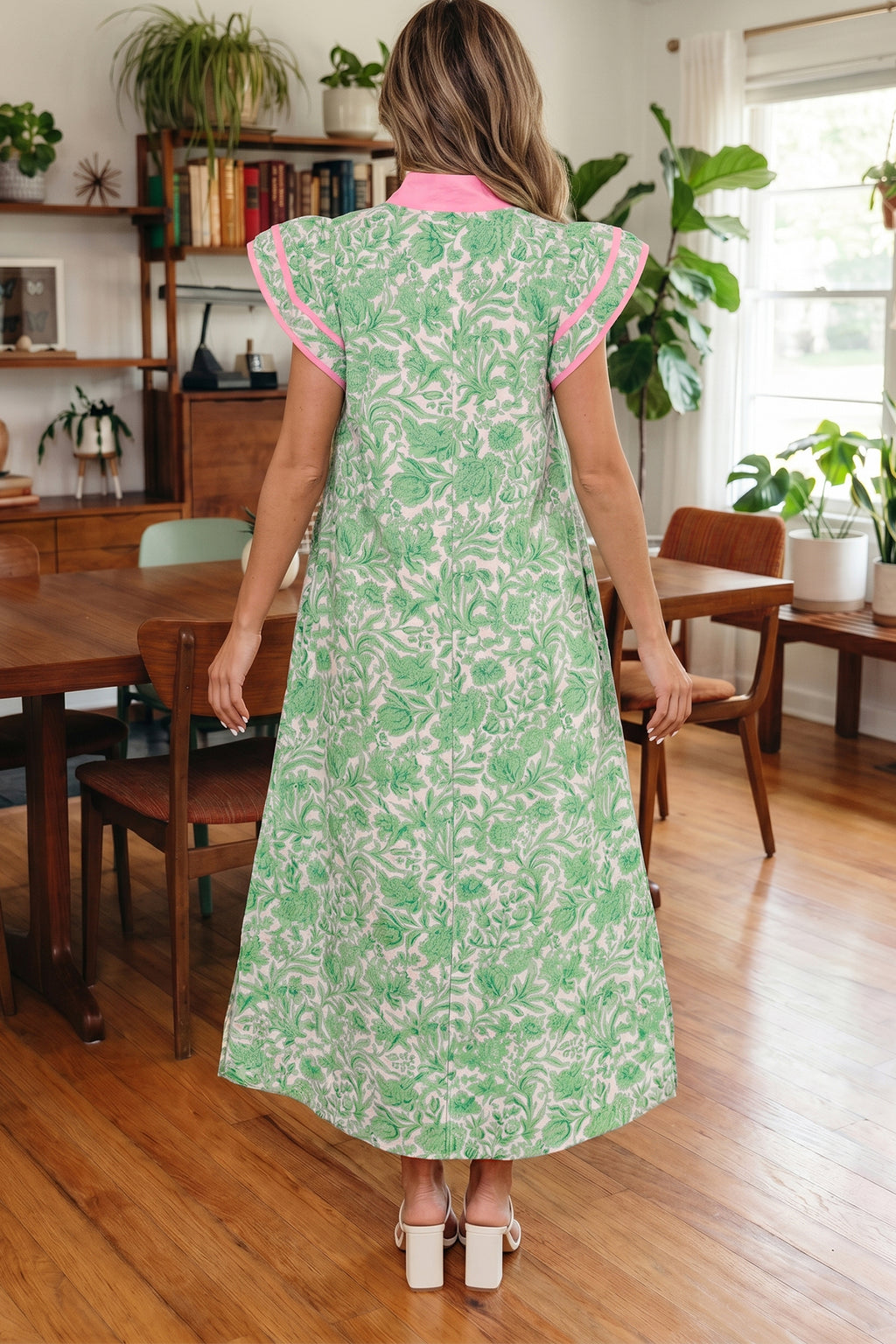 Pink Floral Print Color Block Patchwork V Neck Short Sleeve Midi Dress