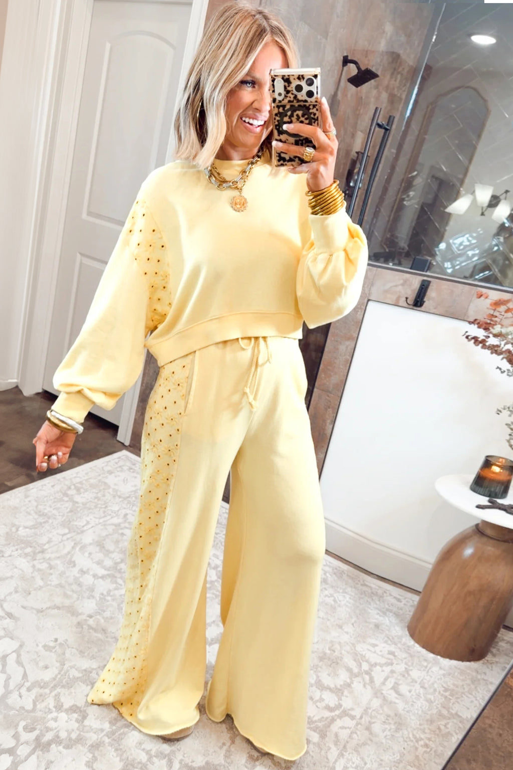 Yellow Cream Long Sleeve Solid Two Piece Set Elastic Waist Pocket Insert Casual Loungewear