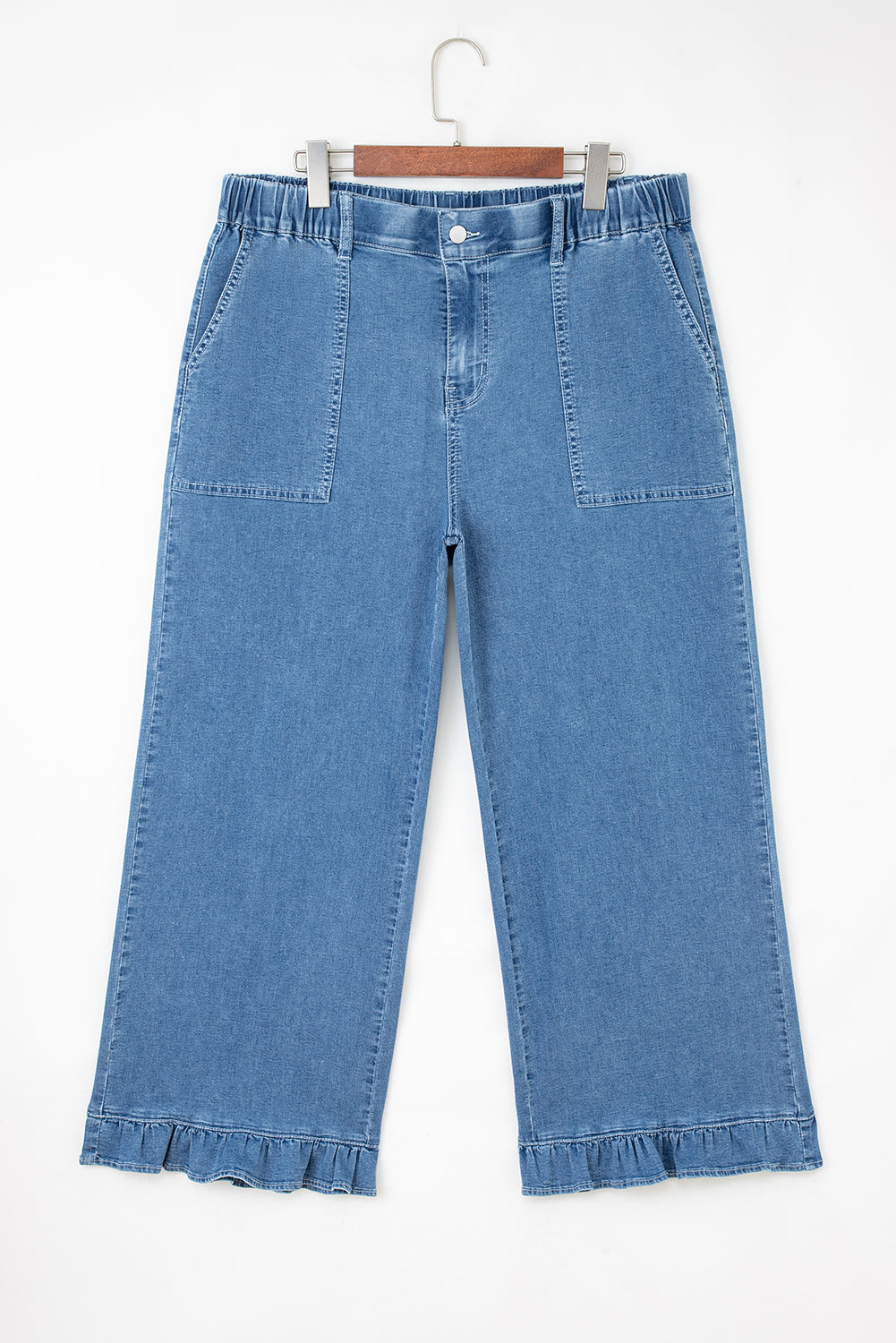 Black Plus Size Elastic Waist Ruffled Wide Leg Denim Pants