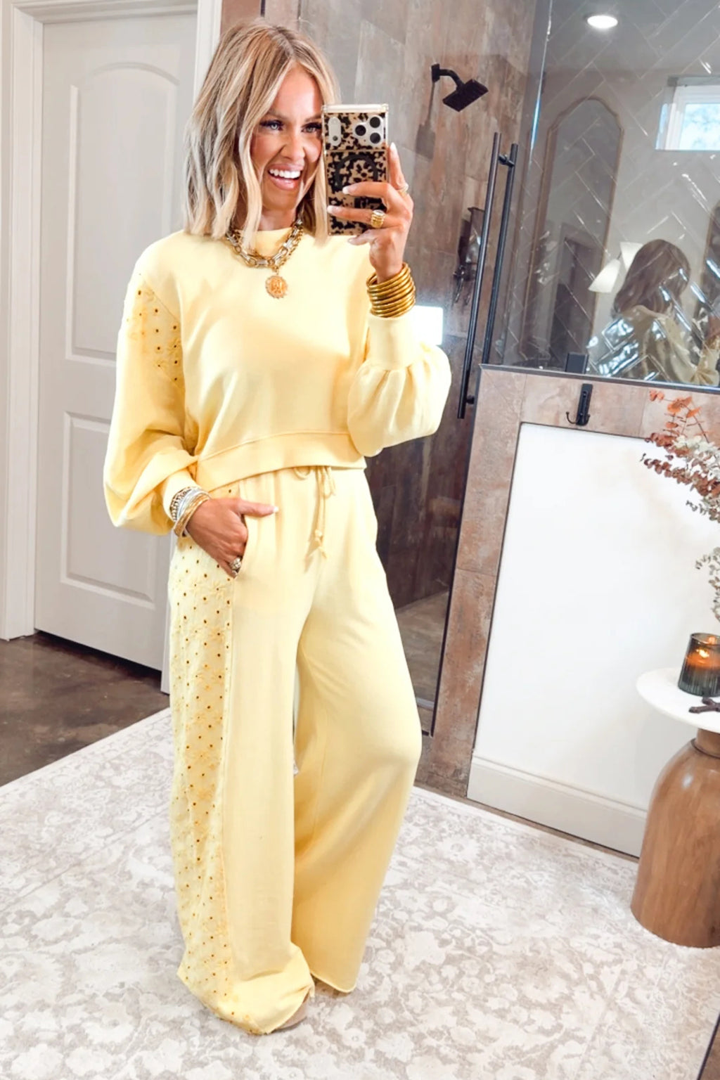 Yellow Cream Long Sleeve Solid Two Piece Set Elastic Waist Pocket Insert Casual Loungewear