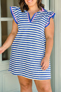 Dunkelblau gestreiftes Etuikleid Colorblock V-Ausschnitt Kurzarm Casual Sommer