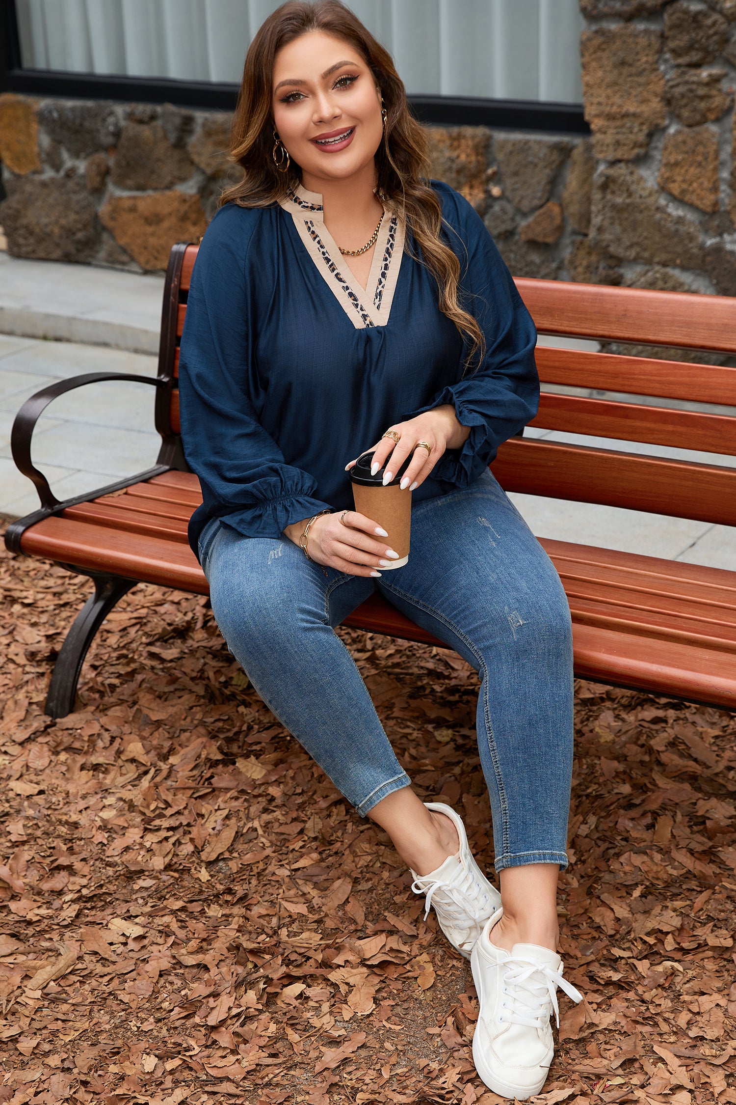 Navy Blue Contrast Leopard Patchwork Collar Plus Size Long Flounce Sleeve Blouse