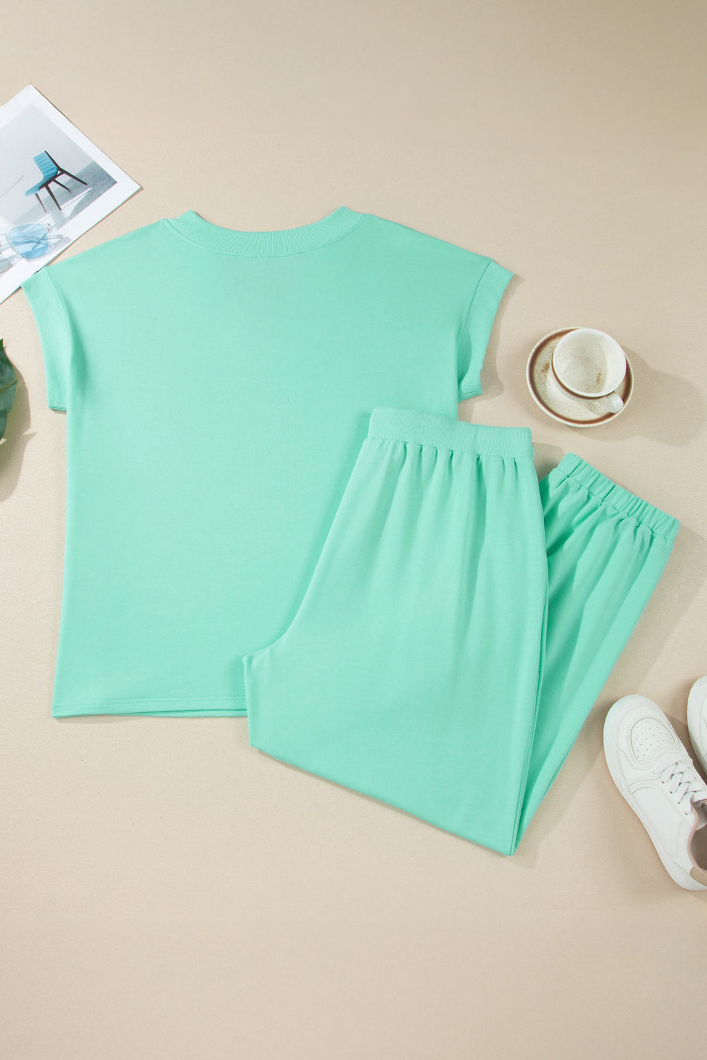 Bonbon Solid V-Neck Tee and Drawstring Plus Size Pants Set