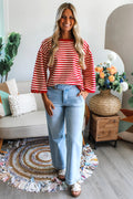 Racing Red Striped Round Neck Contrast Trim Bell Sleeve Top