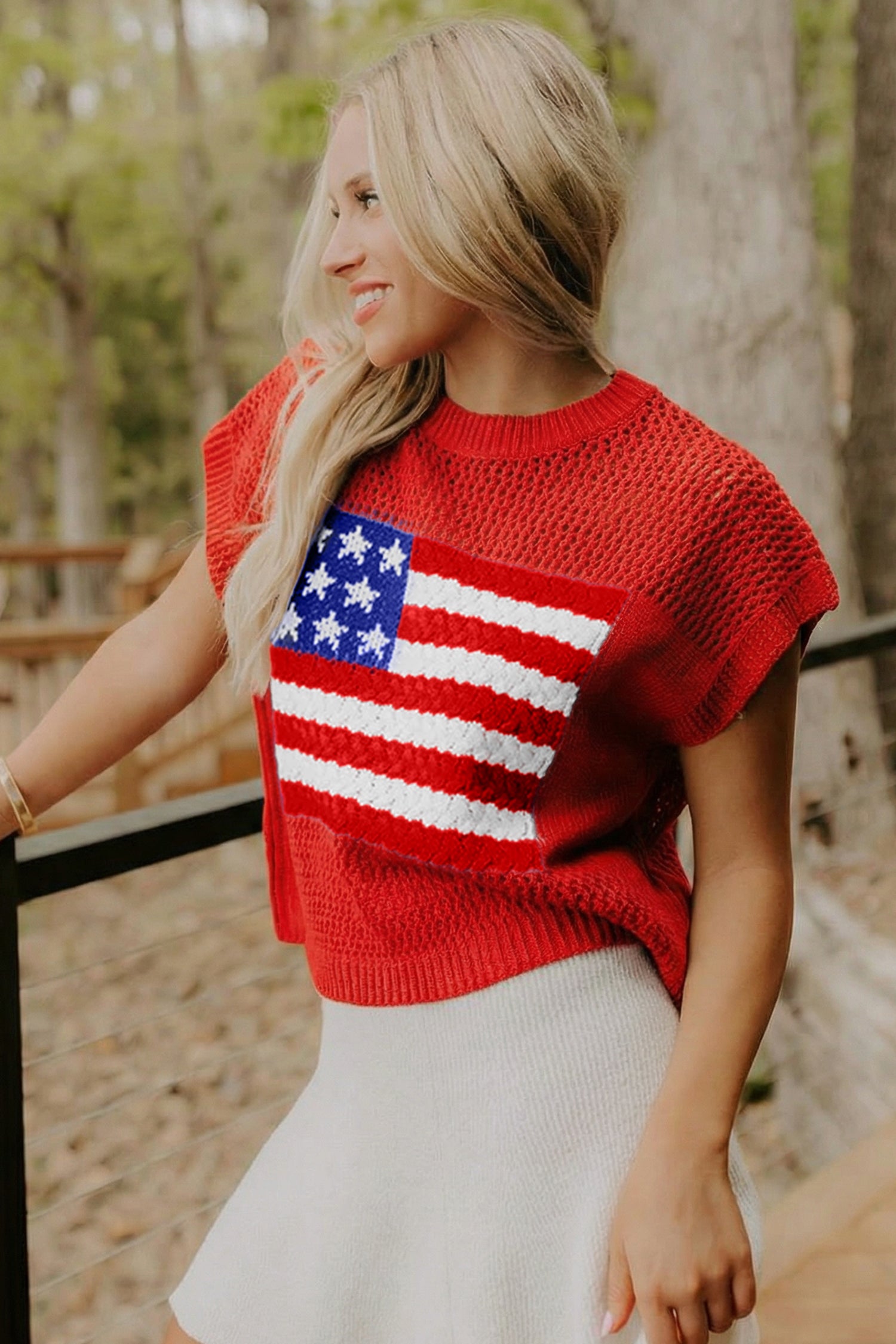 Sky Blue Flag Graphic Short Sleeve Sweater Top